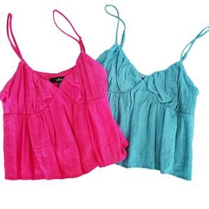 Set of Two Lulus Weekend Favorite Peplum Cami Tops Hot Pink and Teal Size S